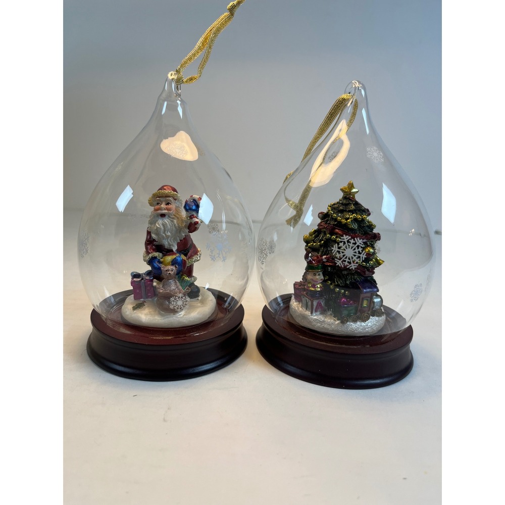 Sorelle Hand Crafted Glass Cloche Christmas Ornaments Santa & Tree Set of 2